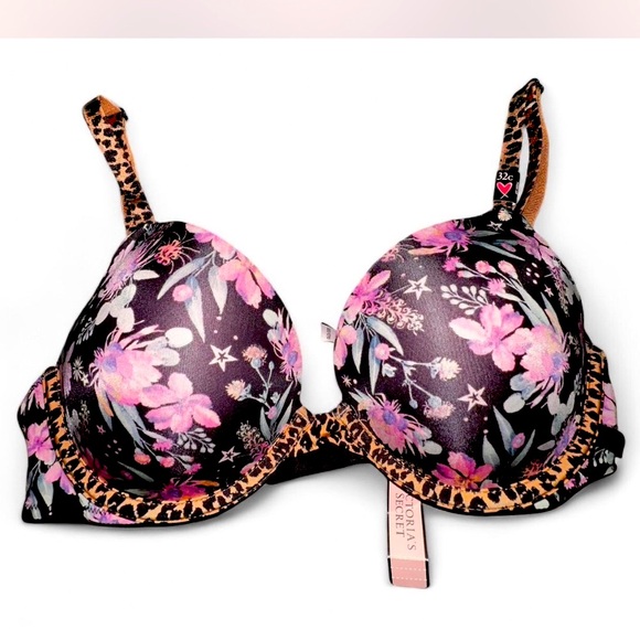 Victoria's Secret Black and Pink Bra with Leopard Trim SIZE 32C NWT - Picture 2 of 6